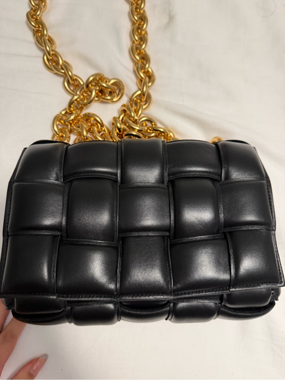 BOTTEGA VENETA Lambskin Maxi Intreccio Padded Chain Cassette Crossbody Bag Fonda